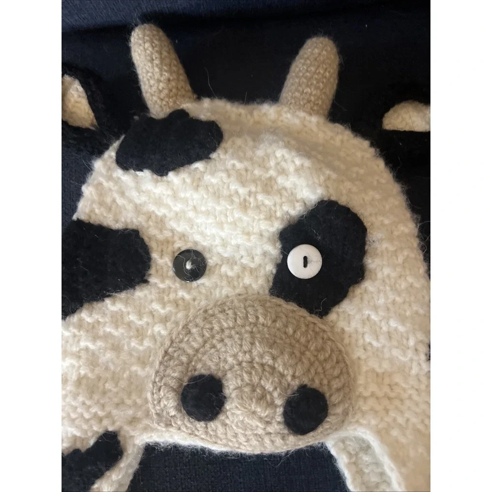Andes Gifts Kids Cow Knit Trapper Hat Alpaca Blend Earflap White Black 1-2Y